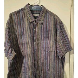 32 Bar Blues Mens XXL Multicolor Striped Linen Short Sleeve Button Up Shirt
